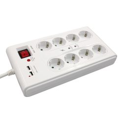   Commel elosztó túlfeszültség és túlterhelés elleni védelemmel, 8 aljzat 2 db USB csatlakozó, 3m, 16A, 3500W