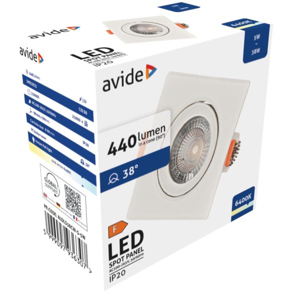 Avide LED panel Beépíthető 38° Négyzetes 5W CW 6400K