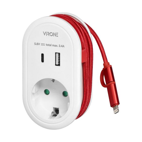 Virone hálózati elosztó adapter, telefontöltő schuko + USB A+C, USB C + lightning kábel